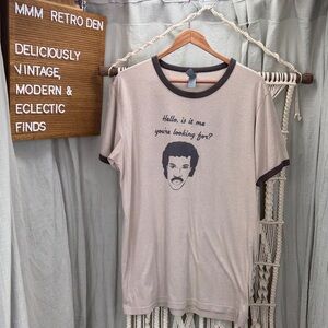 Retro Lionel Richie Beige Ringer Short-Sleeve Tee with Brown Trim & Graphic | XL